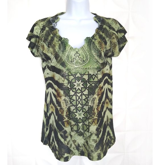 NOWT One World Top Tie Dye Lace Applique Rhinestone Green Black Boho '09 Small - Picture 1 of 11